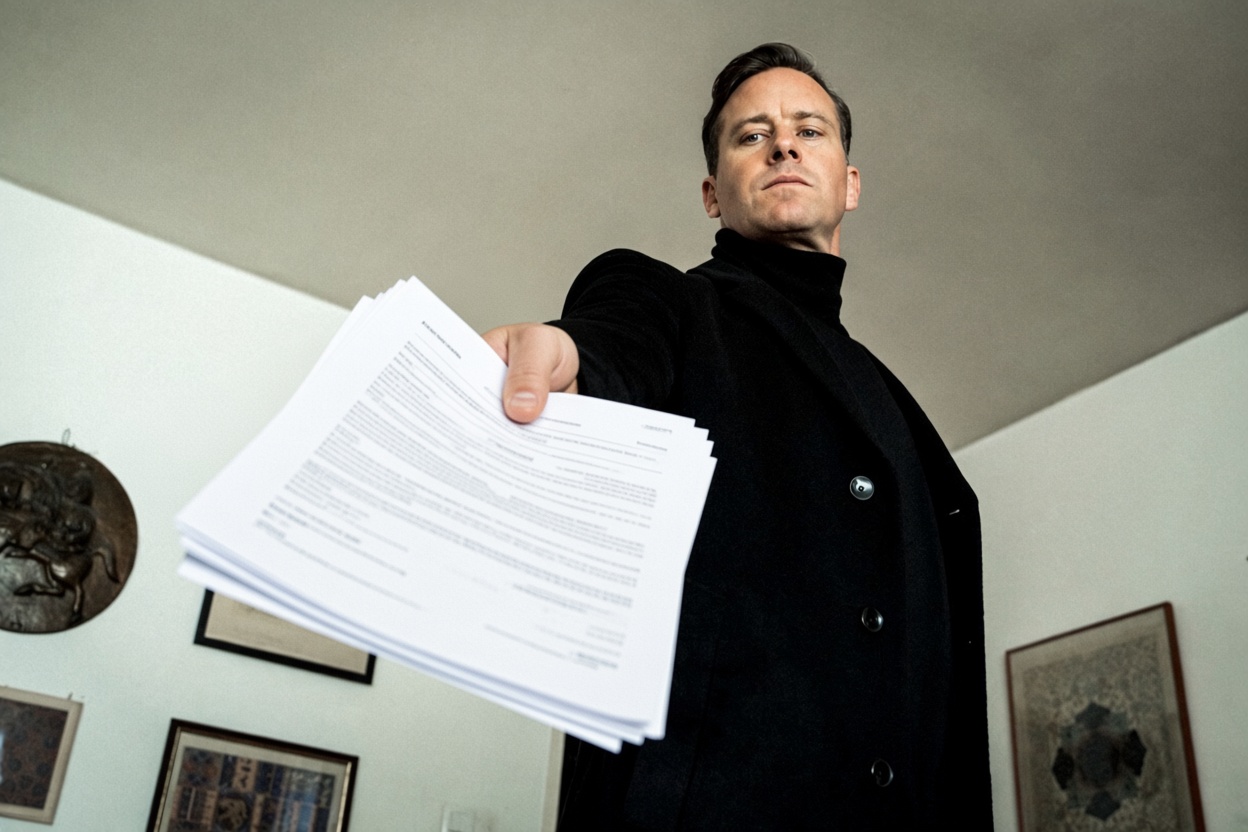 A man in a black coat holding out a stack of paperwork