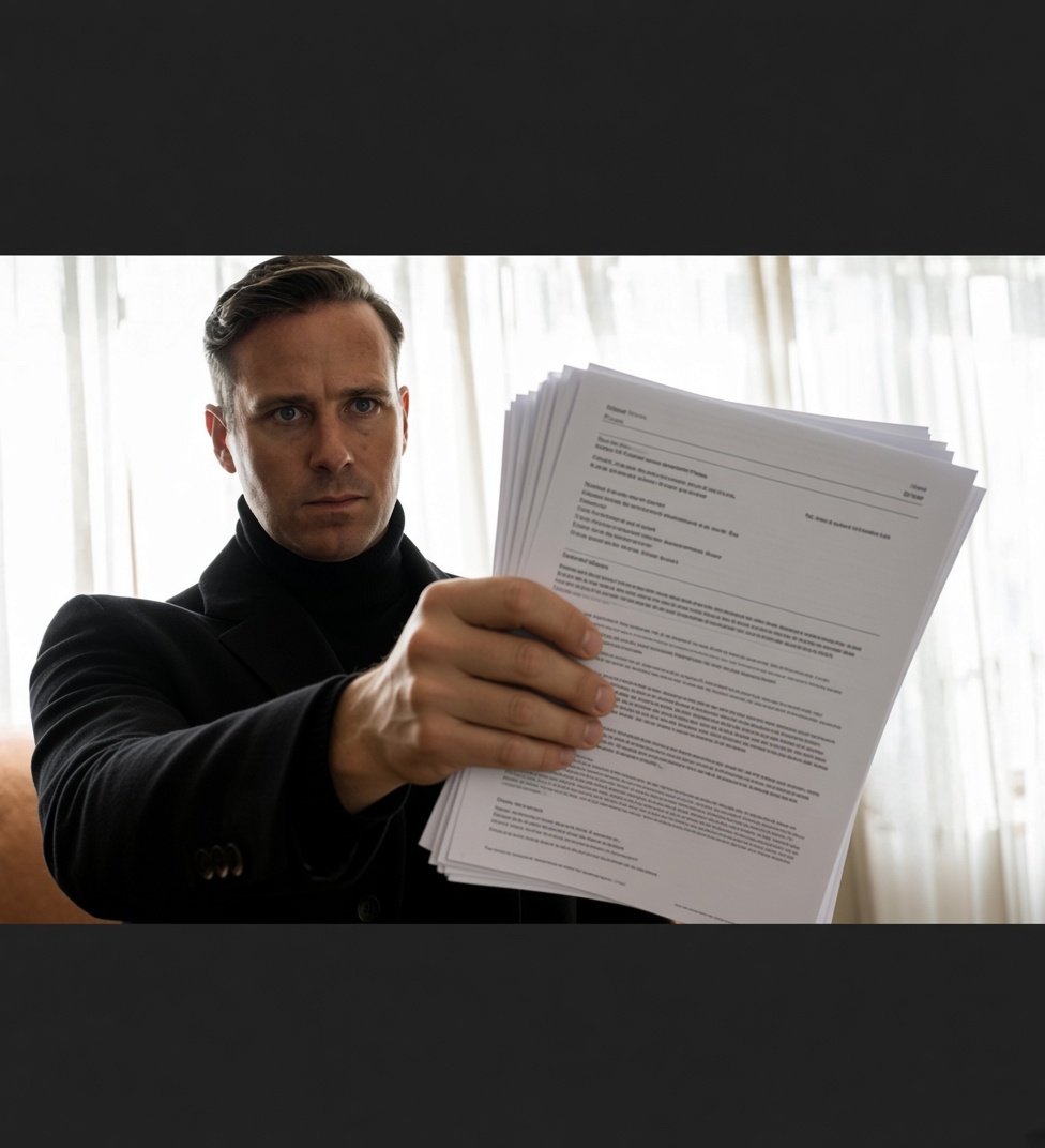 A man in a black coat presenting a stack of documents